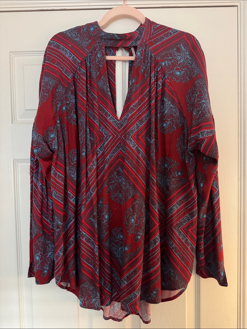 Free People Red and Blue Patterned V-Neck Long Sleeve Tunic